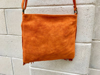 Cross body bag. BOHO suede leather bag in ORANGE with FRINGES. Boho messenger bag in soft genuine suede leather. Orange crossbody hippy bag