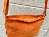 Cross body bag. BOHO suede leather bag in ORANGE with FRINGES. Boho messenger bag in soft genuine suede leather. Orange crossbody hippy bag