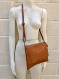 CAMEL BROWN cross body leather bag. Tobacco color soft genuine leather. Boho crossover, messenger bag in saddle brown with adjustable strap