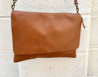 CAMEL BROWN cross body leather bag. Tobacco color soft genuine leather. Boho crossover, messenger bag in saddle brown with adjustable strap