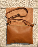 CAMEL BROWN cross body leather bag. Tobacco color soft genuine leather. Boho crossover, messenger bag in saddle brown with adjustable strap