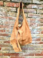 Slouch bag.Large TOTE leather bag in CAMEL brown. Genuine leather bag. Light tobacco color laptop bags in suede.