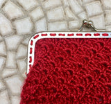 Crochet coin purse. BURGUNDY kiss lock purse.Retro clip purse, hand crocheted with metallic frame in silver. WINE RED Grandma retro purses