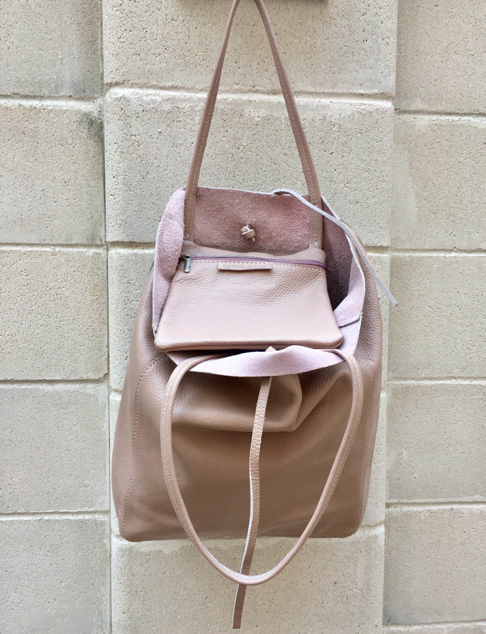 Tote leather bag in soft PINK. Leather shopper in pink. Soft natural GENUINE leather . Large pastel pink bag for your laptop, books
