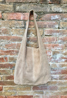 Large TOTE leather bag in BEIGE with zipper.Beige slouch bag. Soft natural suede leather bag. Boho bag. BEIGE suede bag.