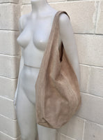 Large TOTE leather bag in BEIGE with zipper.Beige slouch bag. Soft natural suede leather bag. Boho bag. BEIGE suede bag.