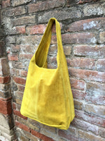 Slouch bag with ZIPPER. Tote leather bag in yellow. Soft natural suede, genuine leather shopper bag. Yellow suede bag.Hobo,laptop bag