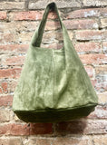 Large tote leather bag in moss GREEN. Slouch leather bag with ZIPPER. Leather shopper, laptop bag in suede leather bag.GREEN suede bag.