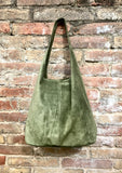 Large tote leather bag in moss GREEN. Slouch leather bag with ZIPPER. Leather shopper, laptop bag in suede leather bag.GREEN suede bag.