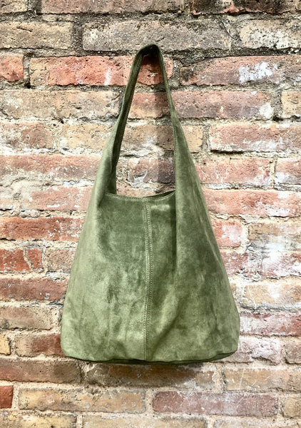 Large tote leather bag in moss GREEN. Slouch leather bag with ZIPPER. Leather shopper, laptop bag in suede leather bag.GREEN suede bag.