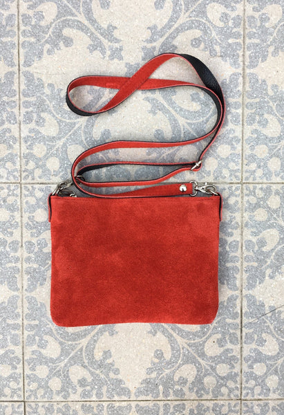 Suede leather bag in RED. Compact crossbody bag. Shoulder bag in GENUINE leather. Small suede leather purse , adjustable strap and zipper.