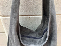 Slouch bag with ZIPPER.Large TOTE leather bag in GRAY. Soft natural suede genuine leather hobo bag. Bohemian bag. Grey suede bag.