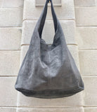 Slouch bag with ZIPPER.Large TOTE leather bag in GRAY. Soft natural suede genuine leather hobo bag. Bohemian bag. Grey suede bag.