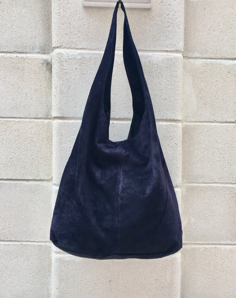 Slouch bag with ZIPPERLarge TOTE leather bag in NAVY blue. Soft natural suede genuine leather bag. Bohemian bag. NAVY suede bag.