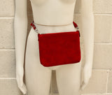 RED suede leather bag. Crossbody / shoulder bag in GENUINE leather. Small RED suede purse, adjustable strap and zipper. Small red suede bag