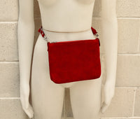 Suede leather bag in RED. Compact crossbody bag. Shoulder bag in GENUINE leather. Small suede leather purse , adjustable strap and zipper.