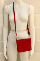 RED suede leather bag. Crossbody / shoulder bag in GENUINE leather. Small RED suede purse, adjustable strap and zipper. Small red suede bag