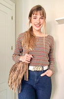 Cross body bag. BOHO suede leather bag in dark beige with FRINGES. Larger model. Genuine leather light brown - taupe crossbody hippy bag .