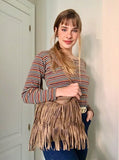 Cross body bag. BOHO suede leather bag in dark beige with FRINGES. Larger model. Genuine leather light brown - taupe crossbody hippy bag .