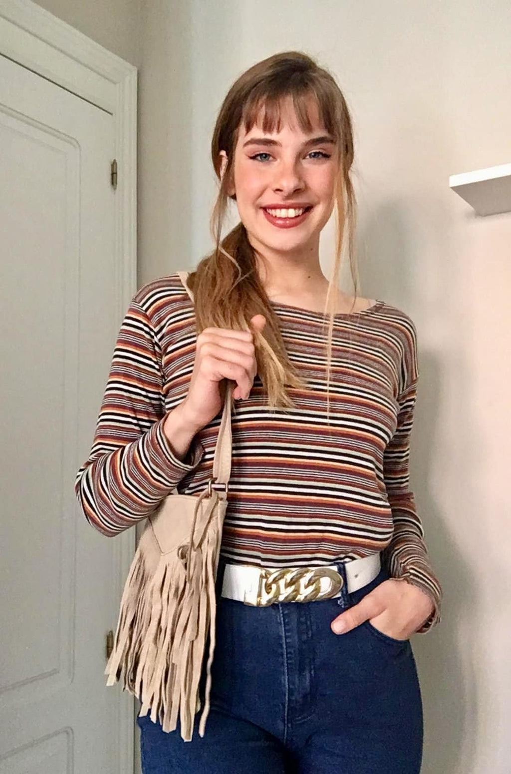 Cross body bag. BOHO suede leather bag in beige with FRINGES. Messenger bag in soft genuine suede leather. Crossbody hippy bag