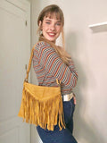 Cross body bag. BOHO suede leather bag in MUSTARD with FRINGES. Messenger bag in soft genuine suede leather. Yellow crossbody hippy bag