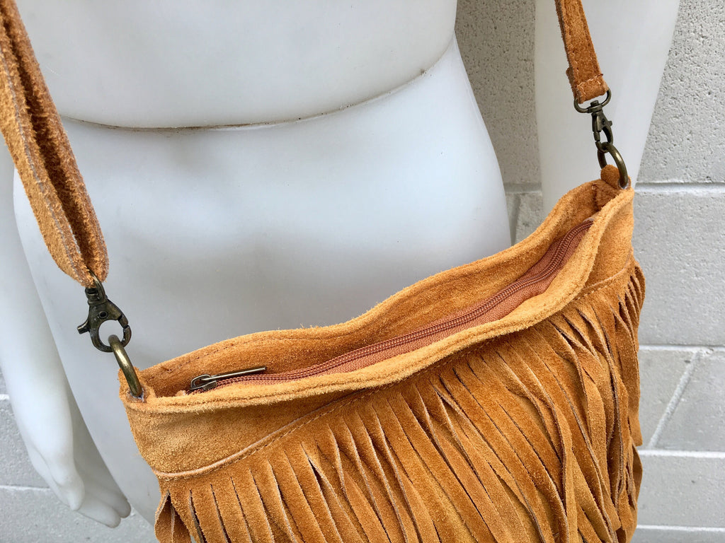 Cross body bag. BOHO suede leather bag in light CAMEL brown with FRINGES. Larger model. Messenger bag in genuine suede. Crossbody hippy bag