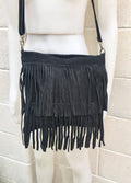 Cross body bag. BOHO suede leather bag in BLACK with FRINGES. Larger model. Messenger bag in genuine suede. Black hippy bag in soft leather
