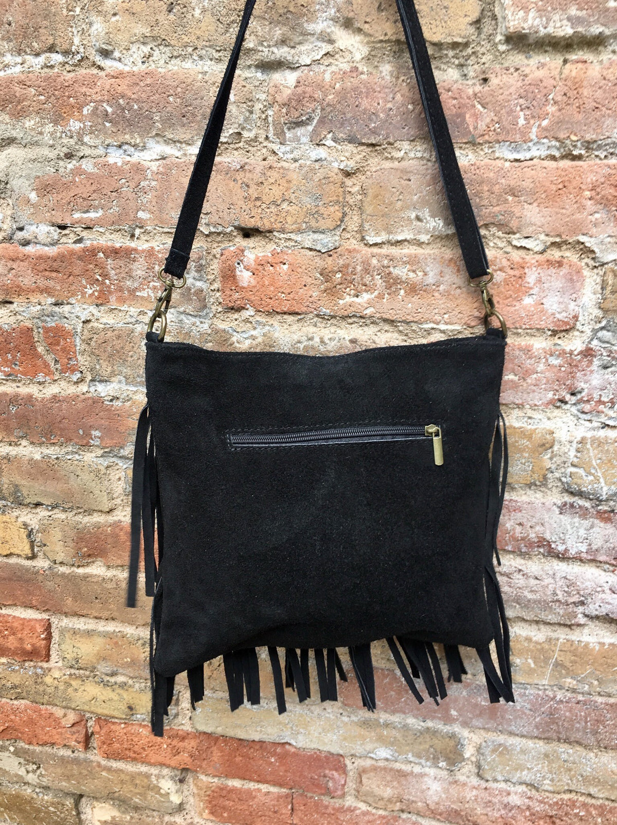 Cross body bag. BOHO suede leather bag in BLACK with FRINGES. Larger model. Messenger bag in genuine suede. Black hippy bag in soft leather