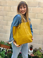 Tote leather bag in mustard YELLOW. Soft natural GENUINE leather bag. Large yellow leather shopper. Laptop or book bag in mustard.