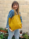 Mustard YELLOW tote leather bag. Soft natural GENUINE leather bag. Large yellow leather shopper with ZIPPER. Laptop or book bag in mustard.