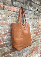 Tote leather bag in dark CAMEL brown. Leather shopper in saddle brown.Natural GENUINE leather. Large TAN brown bag for your laptop, books