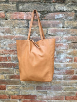 Tote leather bag in CAMEL brown. Genuine leather shopper in saddle brown closed with a ZIPPER . Large TAN brown bag for your laptop, books