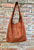 Slouch bag. TOTE leather bag in camel BROWN.Tobacco color genuine leather bag. Laptop bag in suede with ZIPPER. Suede bag for tablets,books.