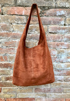 Slouch bag. TOTE leather bag in camel BROWN.Tobacco color genuine leather bag. Laptop bag in suede with ZIPPER. Suede bag for tablets,books.