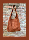 Slouch bag. TOTE leather bag in camel BROWN.Tobacco color genuine leather bag. Laptop bag in suede with ZIPPER. Suede bag for tablets,books.