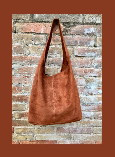 Slouch bag.TOTE leather bag in camel BROWN.Tobacco color genuine leather bag. Laptop bag in suede for tablets,books. Rusty brown suede purse