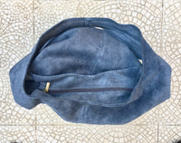 Slouch bag.Large TOTE leather bag in blue with ZIPPER. Soft suede genuine leather bag. Boho book, tablet or laptop bag. Blue suede shopper