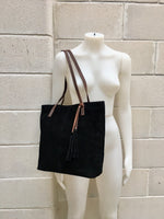 TOTE leather bag in BLACK . Genuine soft natural suede. Black genuine leather SHOPPER bag. Laptop bag, book or tablet bag in soft suede.