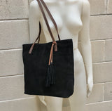 TOTE leather bag in BLACK . Genuine soft natural suede. Black genuine leather SHOPPER bag. Laptop bag, book or tablet bag in soft suede.