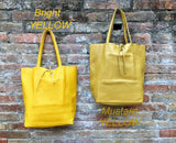 Tote leather bag in bright YELLOW. Soft natural GENUINE leather bag. Large yellow leather shopper.Laptop or book bag in yellow soft leather