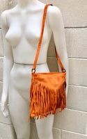 Cross body bag. BOHO suede leather bag in ORANGE with FRINGES. Boho messenger bag in soft genuine suede leather. Orange crossbody hippy bag