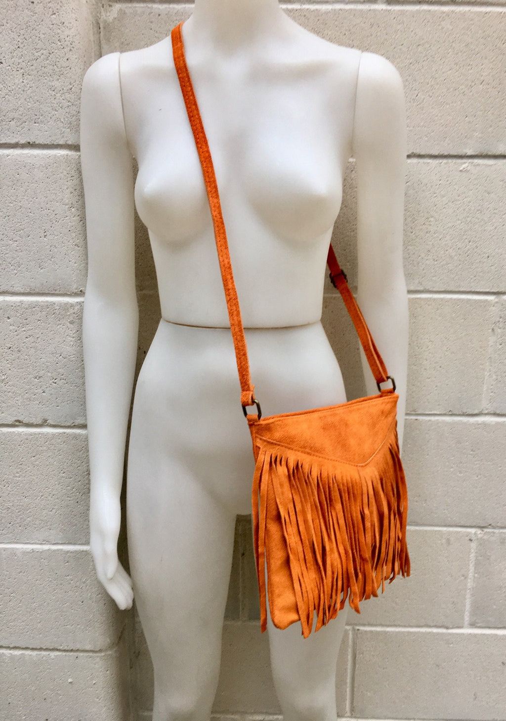 Cross body bag. BOHO suede leather bag in ORANGE with FRINGES. Boho messenger bag in soft genuine suede leather. Orange crossbody hippy bag