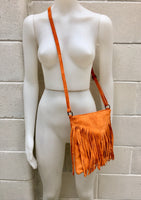 Cross body bag. BOHO suede leather bag in ORANGE with FRINGES. Boho messenger bag in soft genuine suede leather. Orange crossbody hippy bag