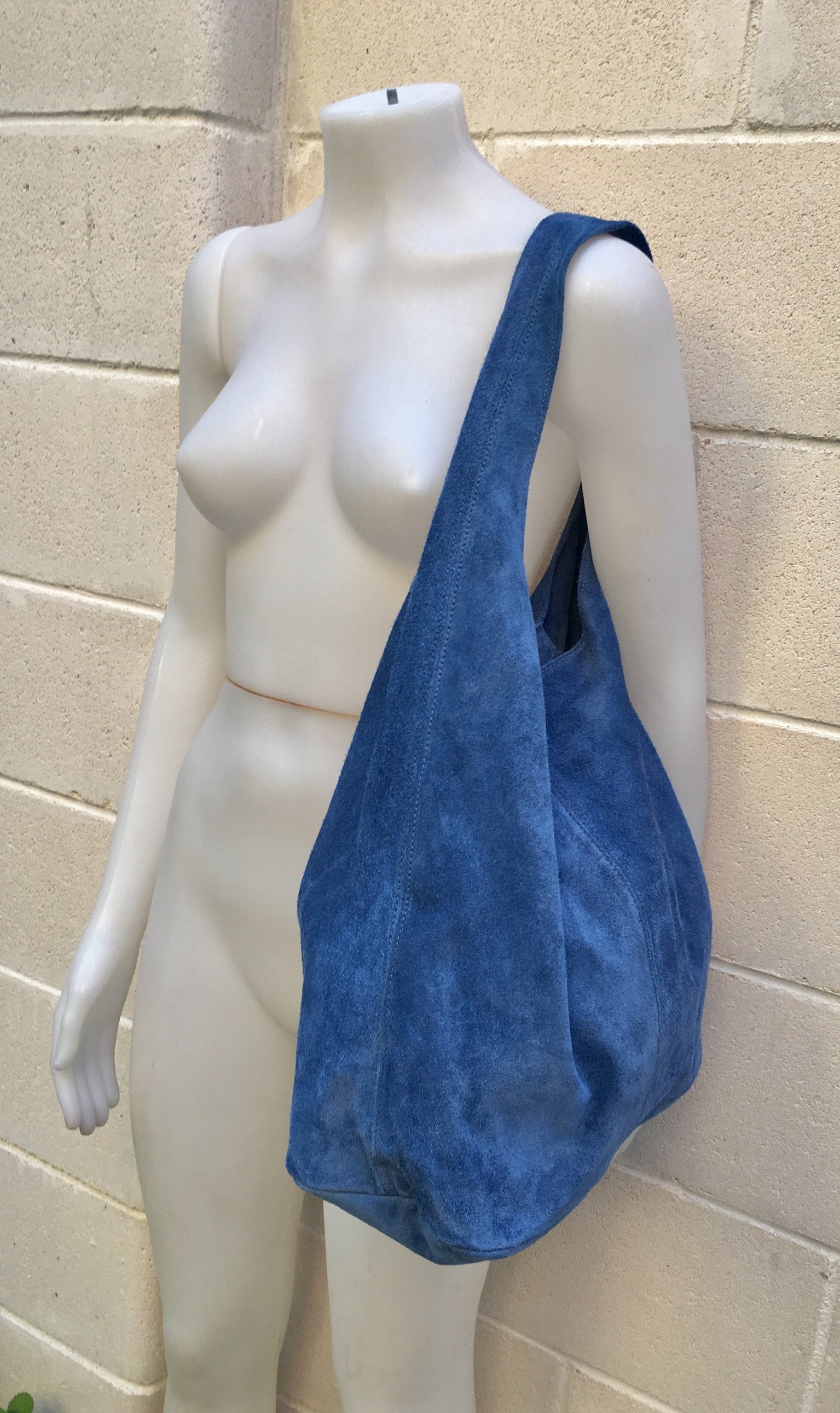 Large TOTE leather bag with ZIPPER in blue. Soft natural suede genuine leather bag. Bohemian bag. Blue suede bag. TOTE bag