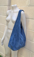 Large TOTE leather bag with ZIPPER in blue. Soft natural suede genuine leather bag. Bohemian bag. Blue suede bag. TOTE bag