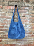 Large TOTE leather bag with ZIPPER in blue. Soft natural suede genuine leather bag. Bohemian bag. Blue suede bag. TOTE bag