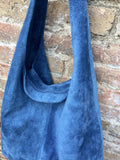 Large TOTE leather bag with ZIPPER in blue. Soft natural suede genuine leather bag. Bohemian bag. Blue suede bag. TOTE bag