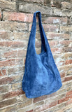 Large TOTE leather bag with ZIPPER in blue. Soft natural suede genuine leather bag. Bohemian bag. Blue suede bag. TOTE bag