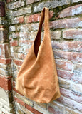 Slouch bag.Large TOTE leather bag in CAMEL brown. Genuine leather bag. Light tobacco color laptop bags in suede.