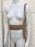 Small suede bag in light brown with matching belt. Cross body bag + wrap belt set in taupe color suede leather. Genuine leather set